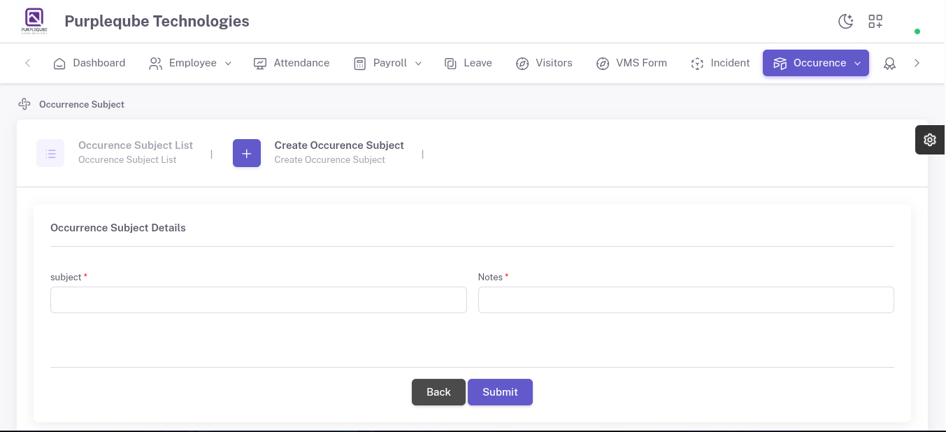 Create Occurrence Subject Form